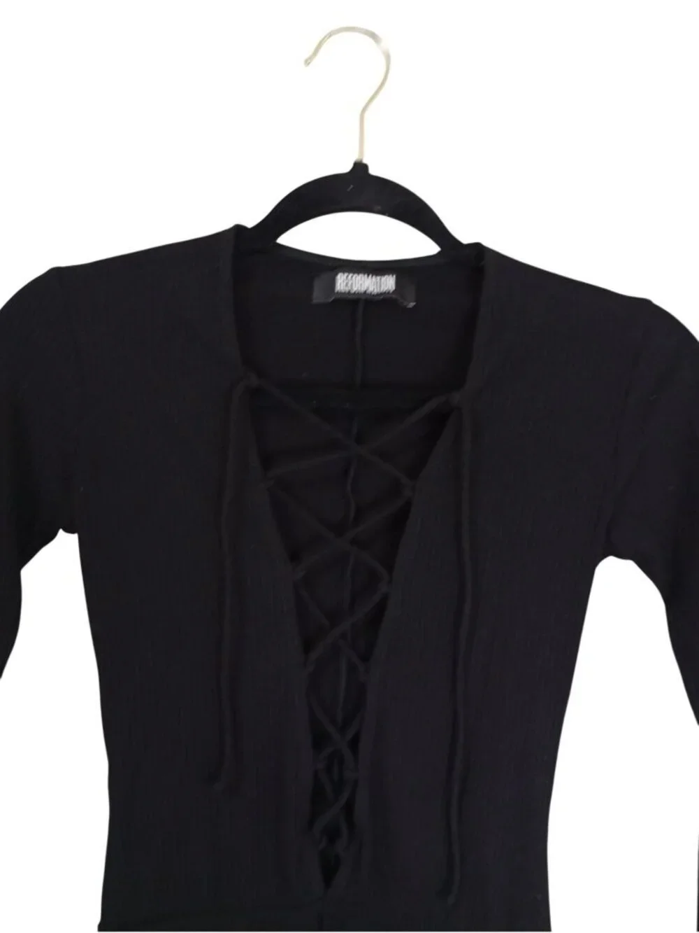 Reformation Black Long Sleeve Ribbed Lace-Up Front Bodysuit XS Womens USA-Made